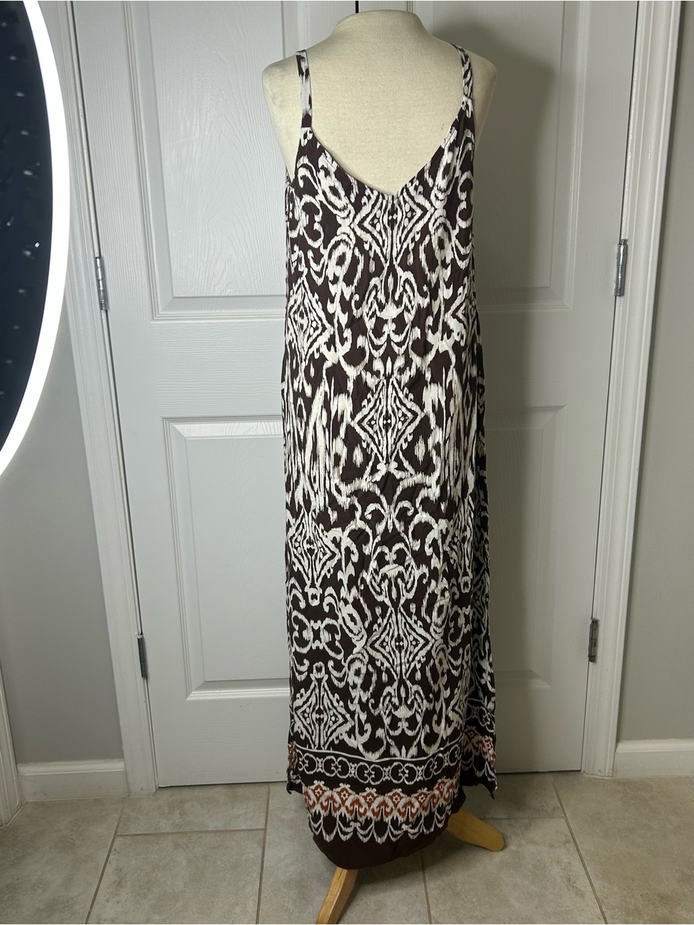 MSK Vestido Maxi Estampado Marrón Blanco Rayon Talla S - Picture 3 of 11